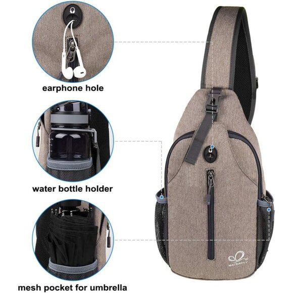 Waterfly Men Women Khaki Crossbody Adjustable Strap Hiking Sling Backpack - Picture 3 of 7